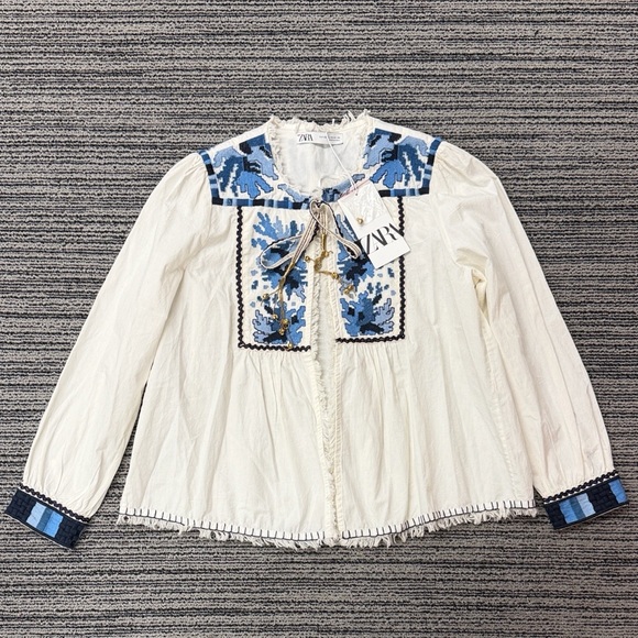 🔥🔥🔥NEW Zara White And Blue Embroidered Jacket Blouse - Picture 5 of 13